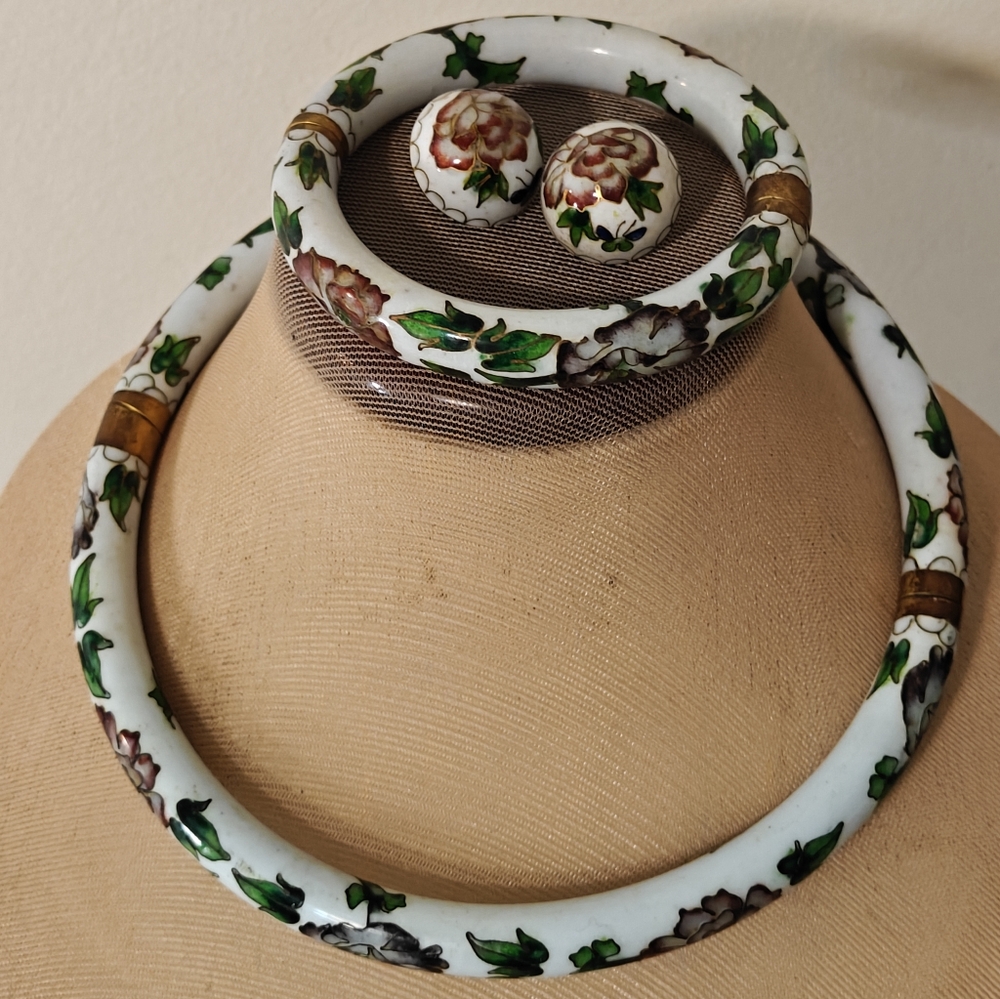 Rare Chinese Export Vintage 60s Cloisonne Hinged Pipe Jewelry Set - Picture 2 of 16